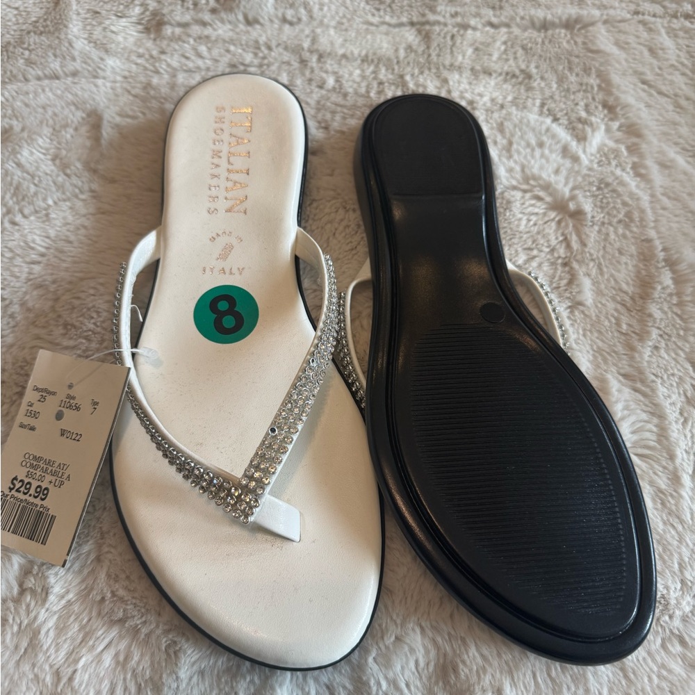 Italian Shoemakers White and Silver Sandals with Rhinestone Embellishments